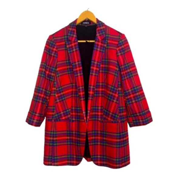 Express Plaid Blazer M Red Blue Black Open Front 3/4 Length Cuffed  Sleeve Lined - Picture 1 of 11